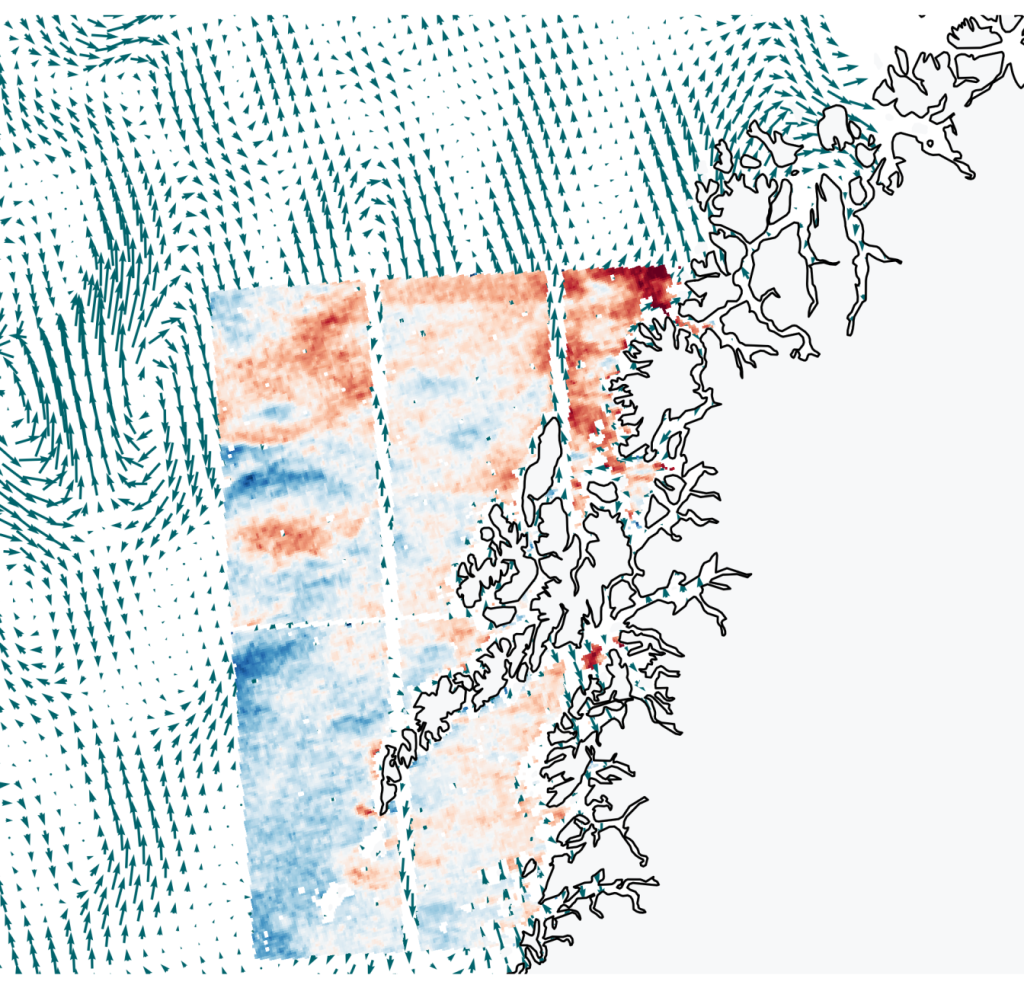 Sentinel-1 surface currents (color) overlaid on altimetry ones (Copernicus Marine Service) off the Lofoten islands (credit NERSC)