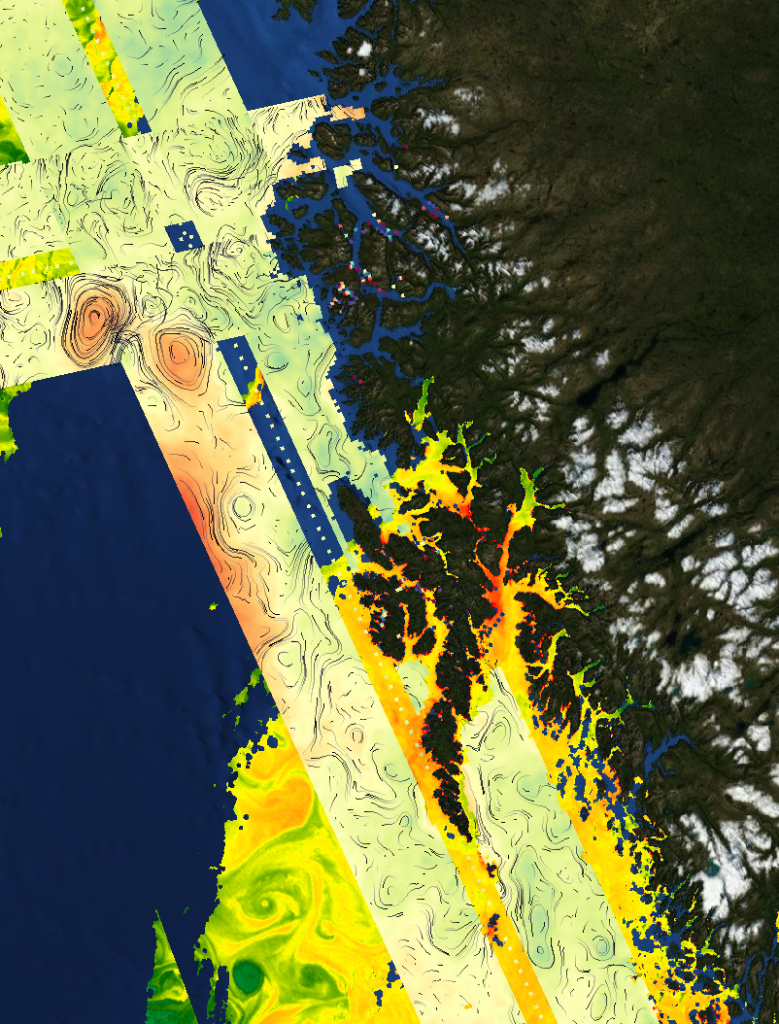 Swot L3 geostrophic currents and Chlorophyll-a patterns in the Lofoten region (credit NERSC)
