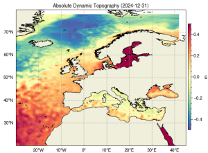 Absolute Dynamic Topography on 2024/12/31 from COASTDyn - European Seas Gridded MIOST L4 Sea Surface Heights And Derived Variables