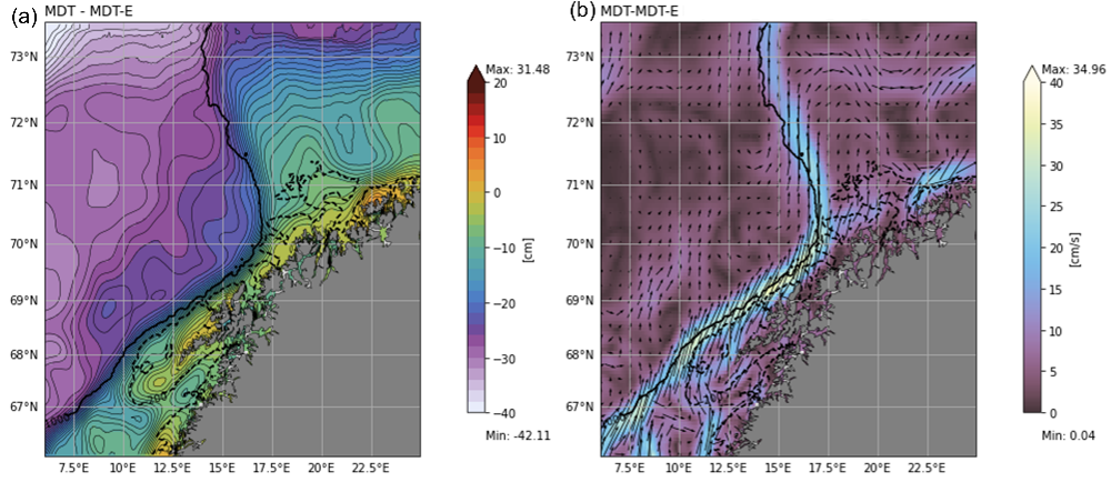 COASTDyn_MDT_STATIC_2D Mean Dynamic Topography field (a), corresponding geostrophic circulation (b) (Credit CLS)