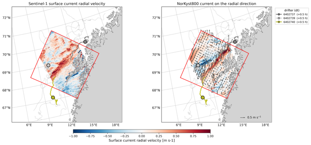 Ocean surface Current Radial Velocity from a Sentinel-1A IW ascending track on 10 April 2024 (left) and the corresponding NorKyst800v2 model field (right). Trajectories show drifters present in the area at the time of acquisition. Red and blue colours denote surface currents directed to the right and to the left of the flight direction (from southeast to northwest), respectively. (credit NERSC)