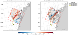 Ocean surface Current Radial Velocity from a Sentinel-1A IW ascending track on 10 April 2024 (left) and the corresponding NorKyst800v2 model field (right). Trajectories show drifters present in the area at the time of acquisition. Red and blue colours denote surface currents directed to the right and to the left of the flight direction (from southeast to northwest), respectively. (credit NERSC)